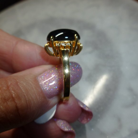 18k Yellow Gold EP Onyx Cubic Zirconia Dolphin Ore Ring - Picture 3 of 13